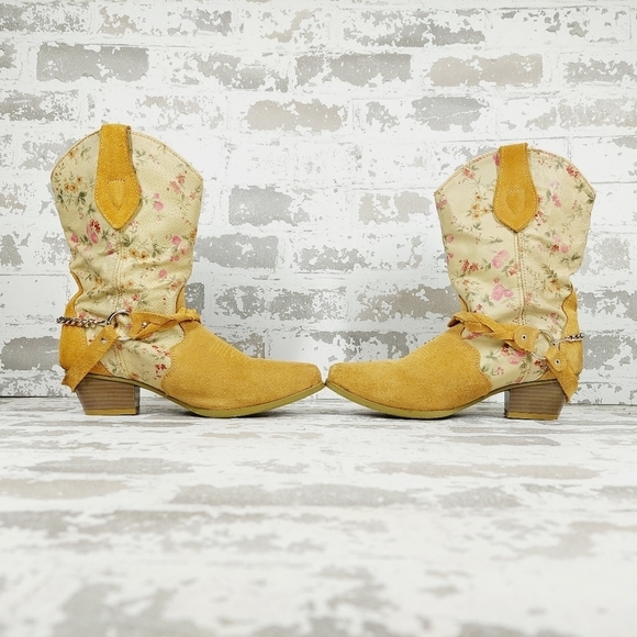 Santa Fe Yellow & Cream Leather Floral Western Heeled Bootie C702 - Picture 7 of 11